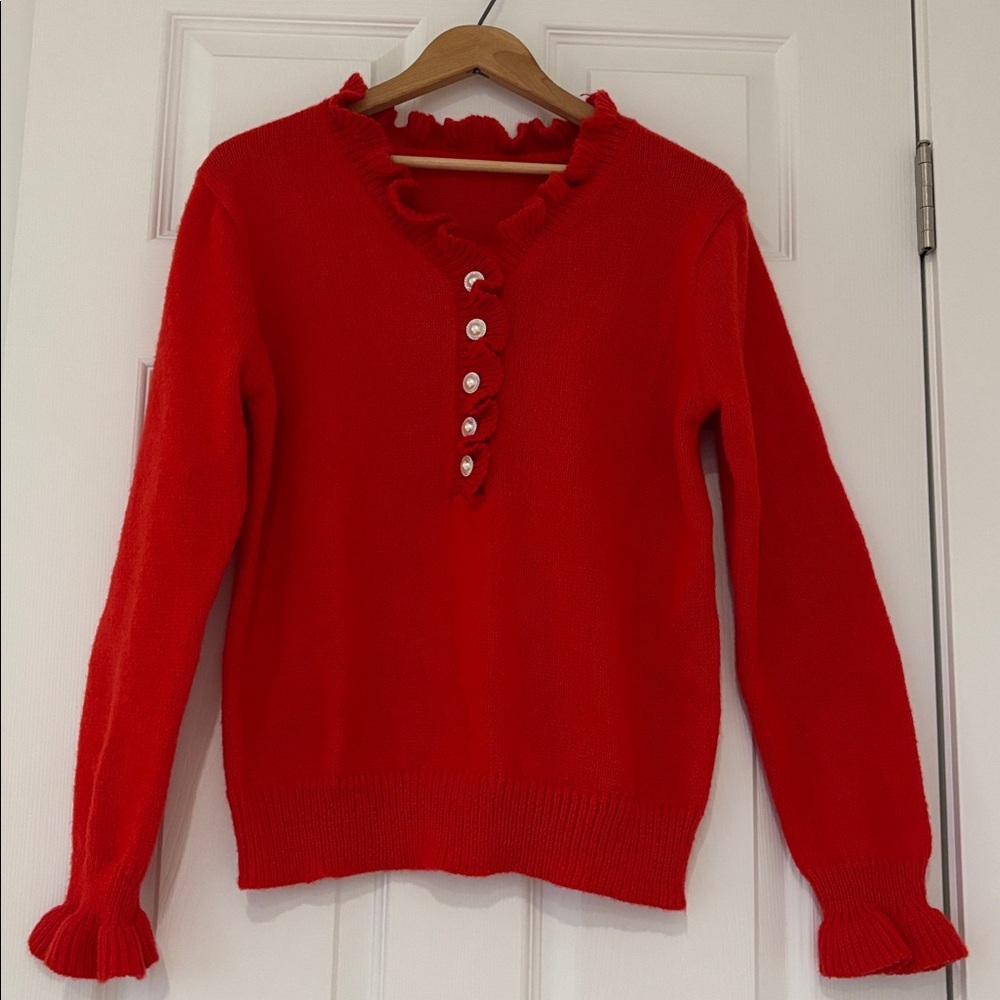 Valentine’s fluffy red sweater ruffle & button detailing ruffled cuffs sz medium - Picture 3 of 12